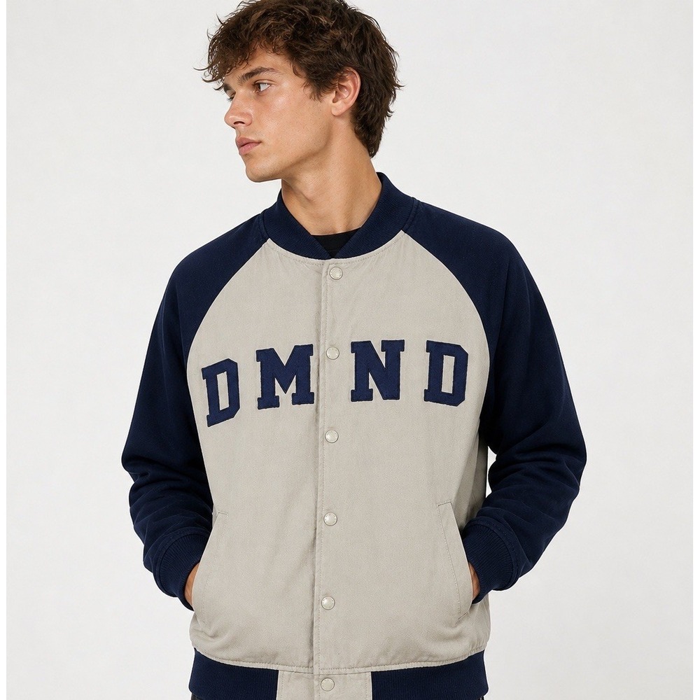 Diamond Supply Co Mens Small Beige Navy Varsity Jacket Snap Front Logo